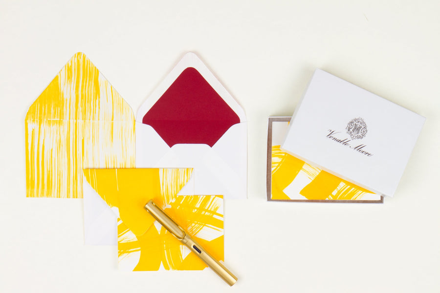 Hand-painted card and crimson lined envelopes in goldenrod yellow with gold pen and Venable Moore stationery box