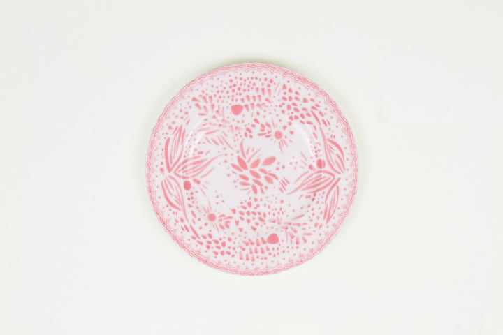 Grapefruit pink  ‘mosaic garden’ fine china porcelain salad/dessert plate hand decorated in the usa on white background