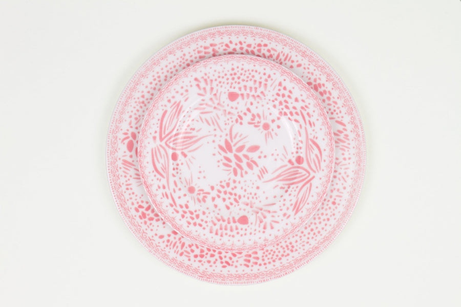 Grapefruit pink mosaic stacked dinner and salad plate fine china porcelain hand decorated in the usa on white background