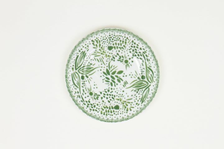 Grass green ‘mosaic garden’ fine china porcelain salad/dessert plate hand decorated in the usa on white background