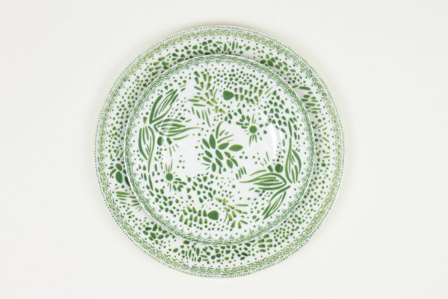 Grass green mosaic stacked dinner and salad plate fine china porcelain hand decorated in the usa on white background
