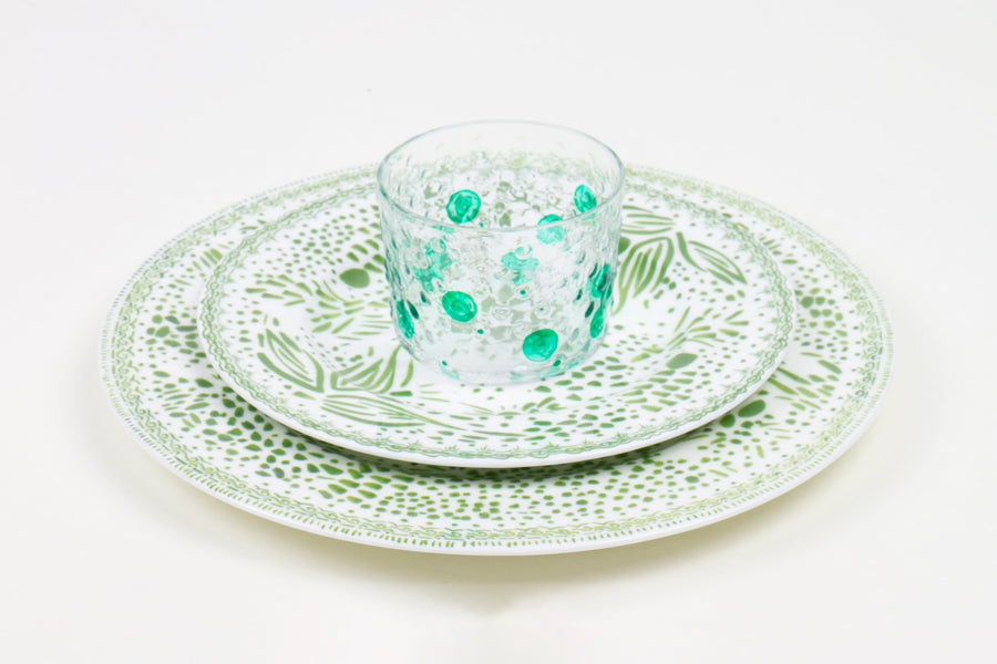 full place setting of grass green mosaic garden stacked dinner and salad plate with shamrock hand-painted bubble glass