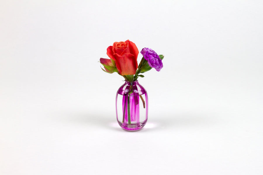 Hand-painted striped glass bud vase in magenta pink with roses and carnation
