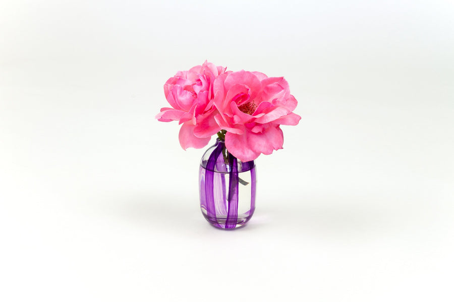 Hand-painted striped glass bud vase in royal purple with two pink garden roses