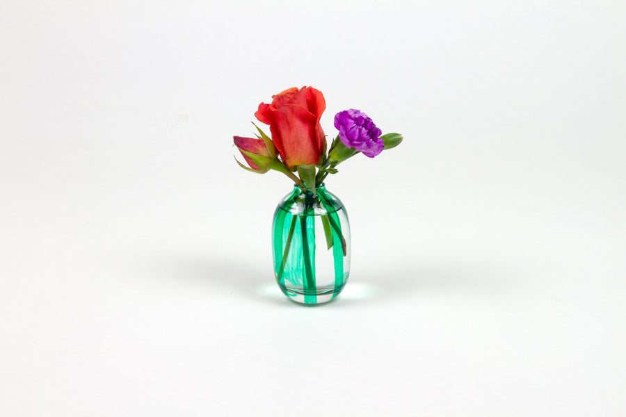 Hand-painted striped glass bud vase in shamrock green with roses and carnation