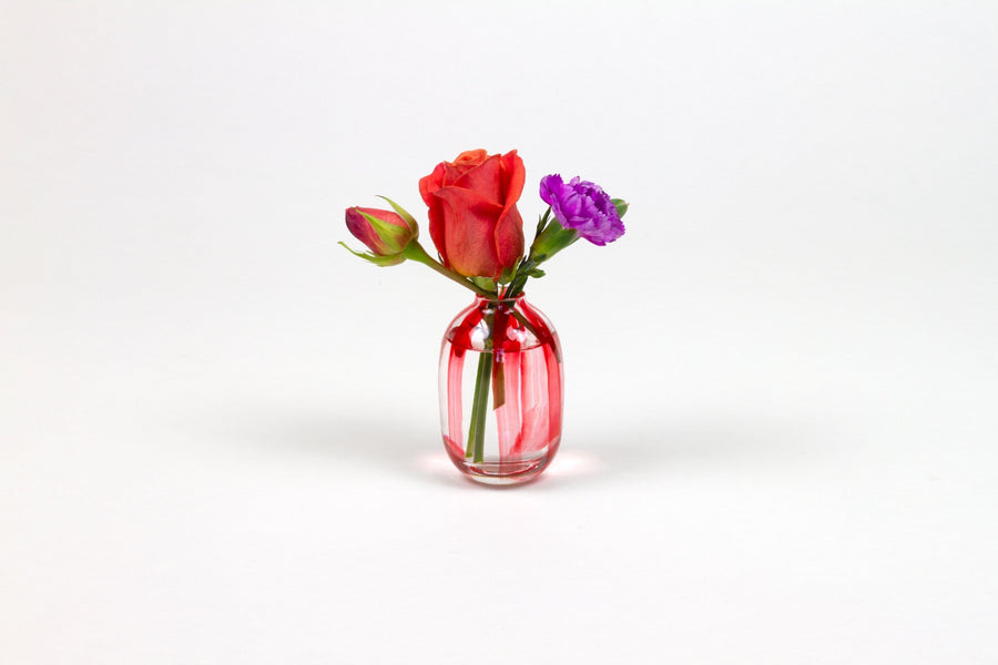 Hand-painted striped glass bud vase in tomato red with roses and carnation