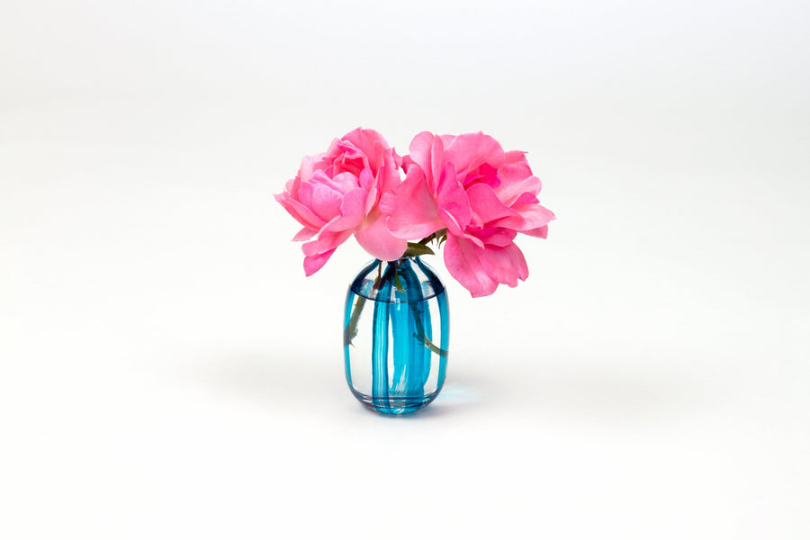 Hand-painted striped glass bud vase in turquoise blue with two pink garden roses