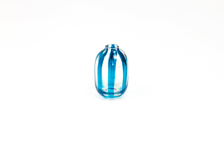 Hand-painted striped glass bud vase in turquoise blue