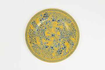Venable Moore Lemon yellow ‘mosaic garden’ fine china porcelain dinner plate hand decorated in the usa on white background