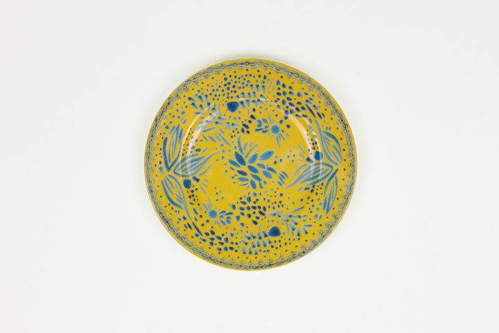 Lemon yellow ‘mosaic garden’ fine china porcelain salad/dessert plate hand decorated in the usa on white background