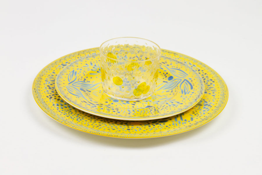 full place setting of  lemon mosaic garden stacked dinner and salad plate with sun hand-painted bubble glasss