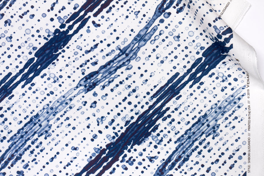 100% linen glissando shibori fabric by the yard in marine blue with top fold