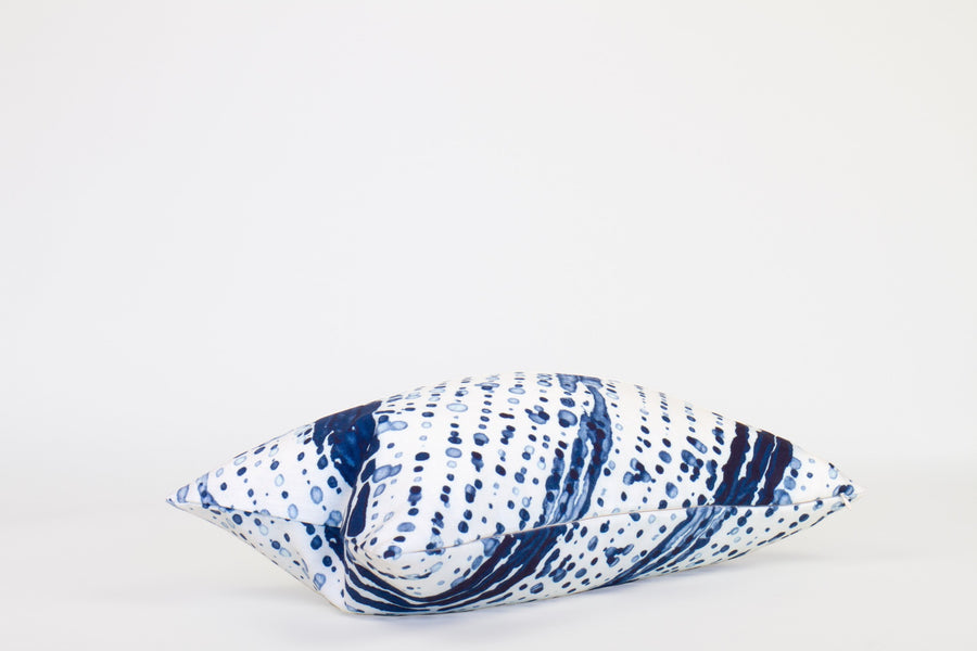 Side view 12” x 20” 100% linen glissando pillow in marine blue with hidden zipper