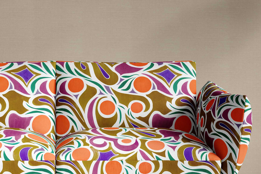 sofa upholstered in 100% European French linen Venable Moore ‘Capri’ Orange, Brown, and Purple fabric made-to-order and printed in the U.S.A