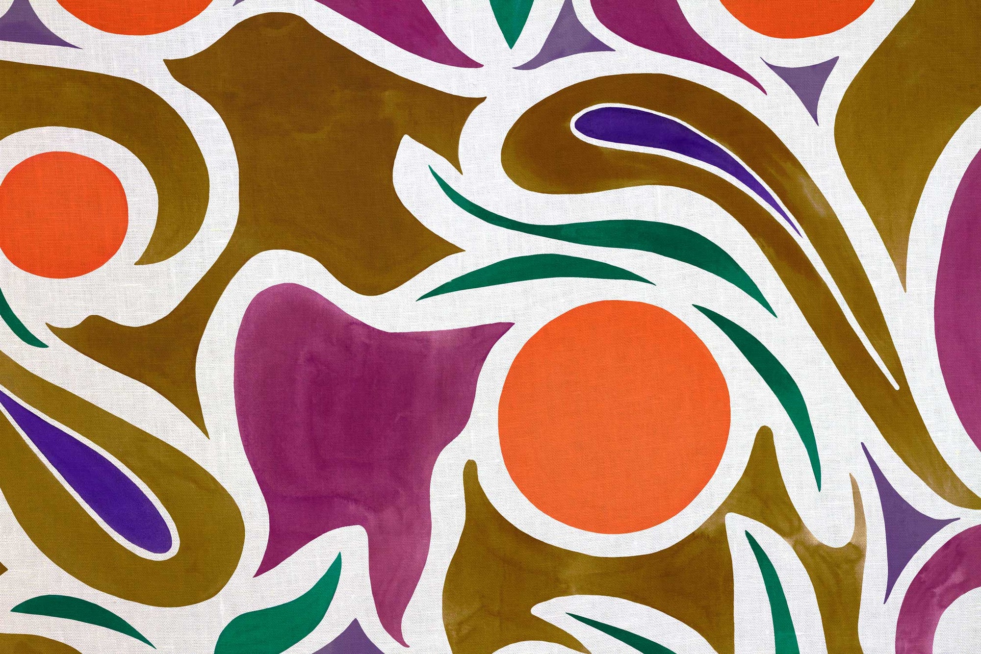  Up close of Venable Moore 100% European French linen capri fabric by the yard in Orange, Brown, and Purple