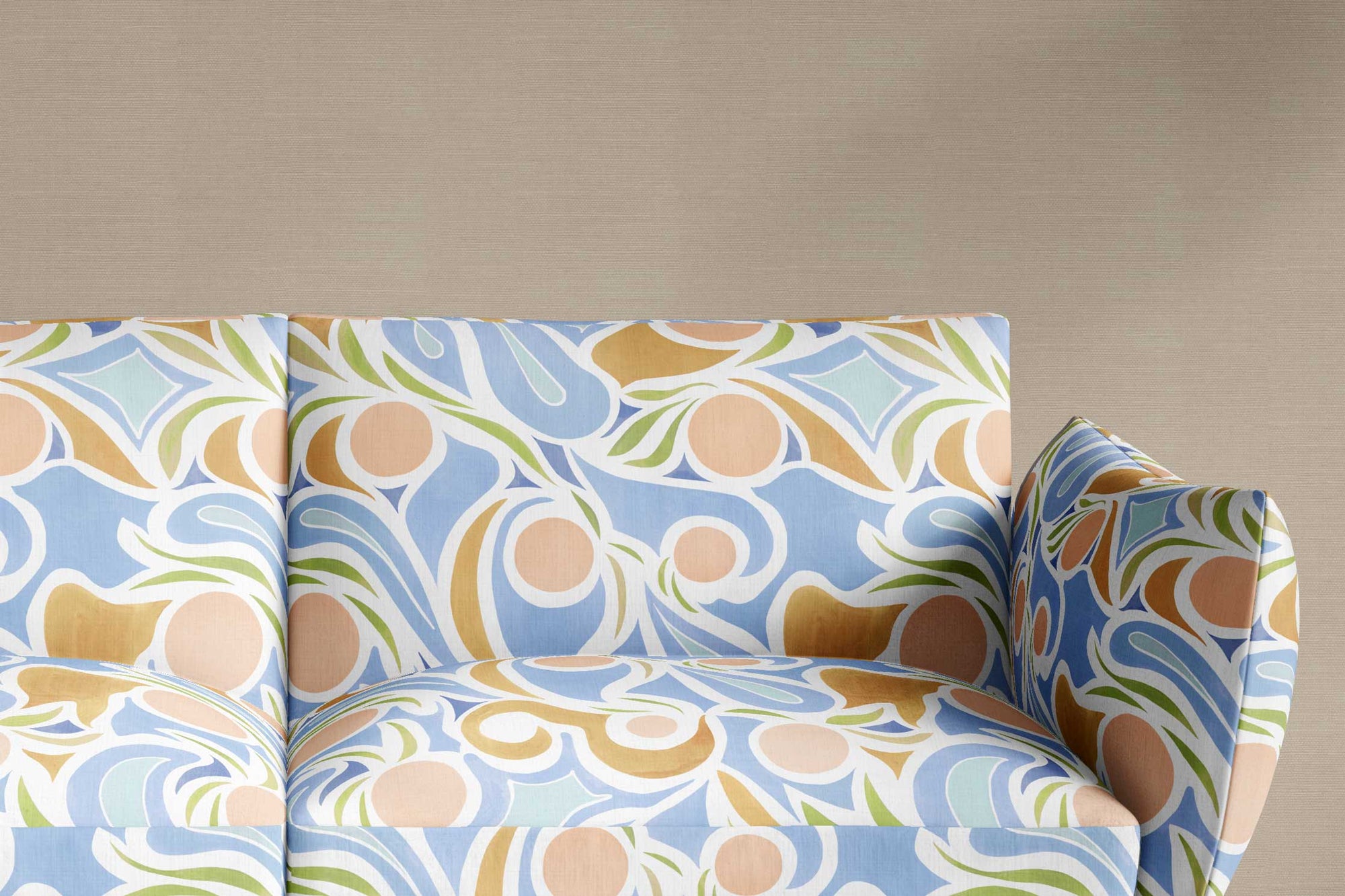 sofa upholstered in 100% European French linen Venable Moore ‘Capri’ Pastel Peach Pink, Blue, and Tan fabric made-to-order and printed in the U.S.A.