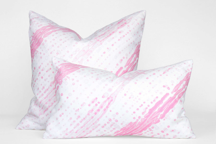 Two 100% linen glissando shibori pillows in posy pink, 20” x 20” and 12” x 20”