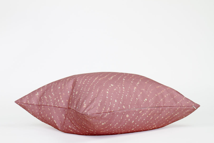 Side view 20” x 20” 100% linen staccato decolorato shibori pillow in rose clay pink with hidden zipper