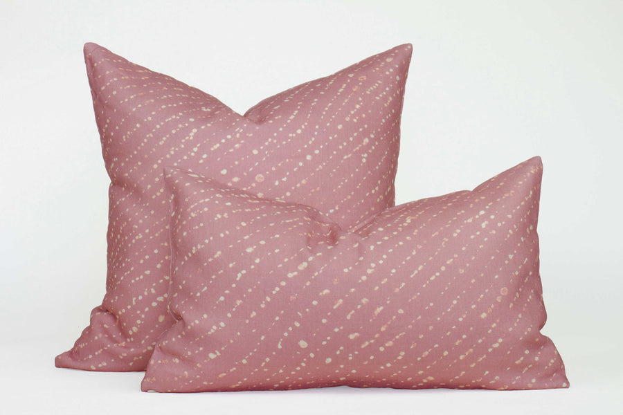 Two 100% linen staccato decolorato shibori pillows in rose clay pink, 20” x 20” and 12” x 20”