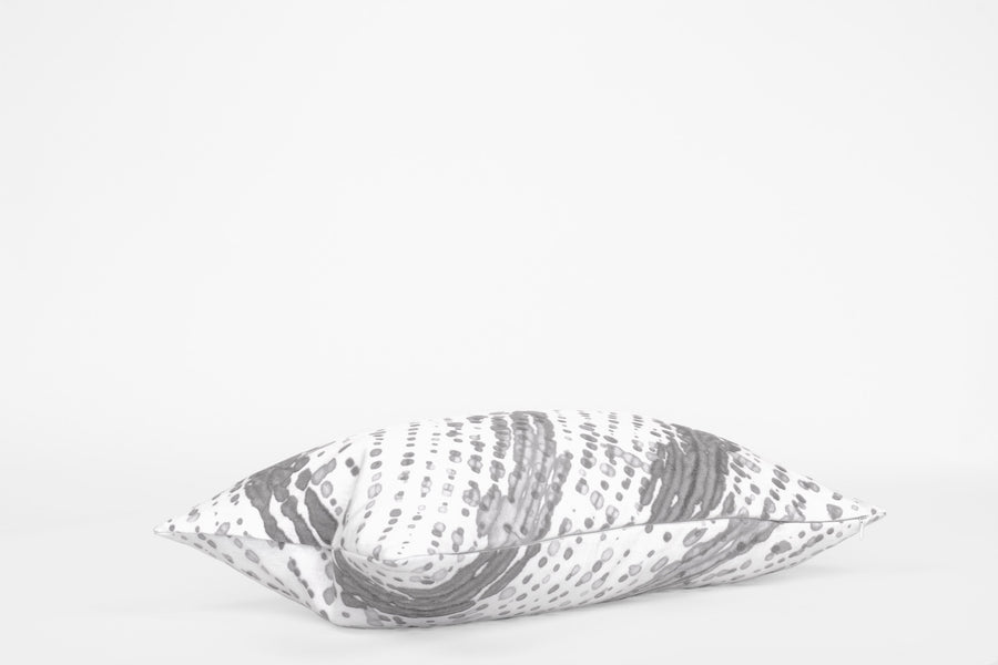 Side view 12” x 20” 100% linen glissando pillow in storm grey with hidden zipper