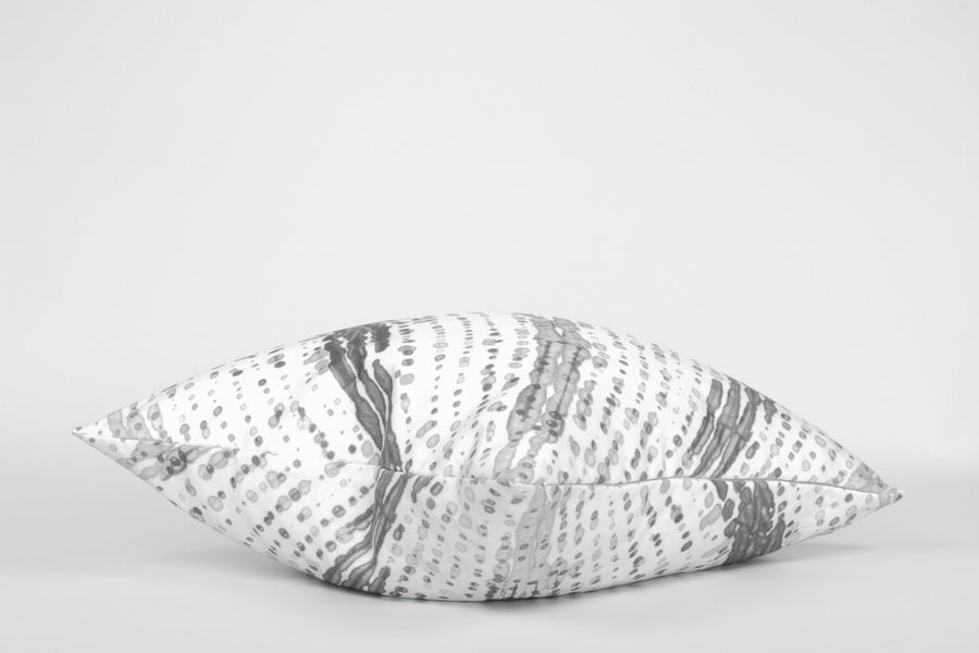 Side view 20” x 20” 100% linen glissando shibor pillow in storm grey with hidden zipper