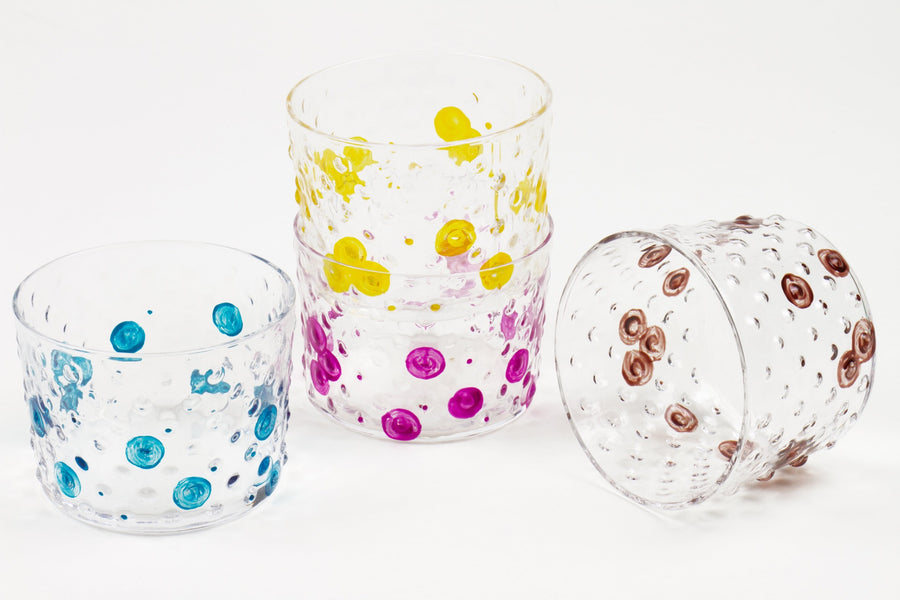 stacked hand-painted bubble glasses set of four in turquoise magenta sun and coffee